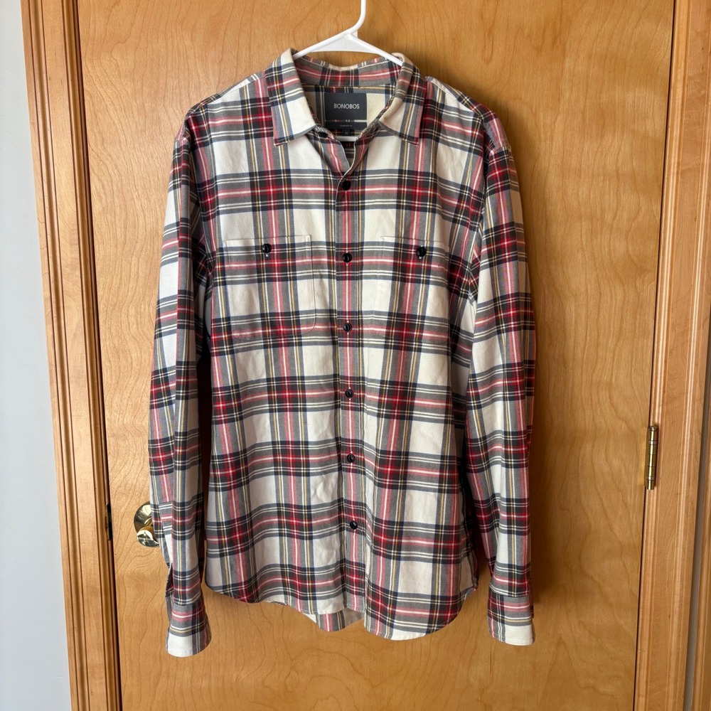 Bonobos Button Down Shirt Mens Medium White‎ Red Plaid Standard Fit Long Sleeve